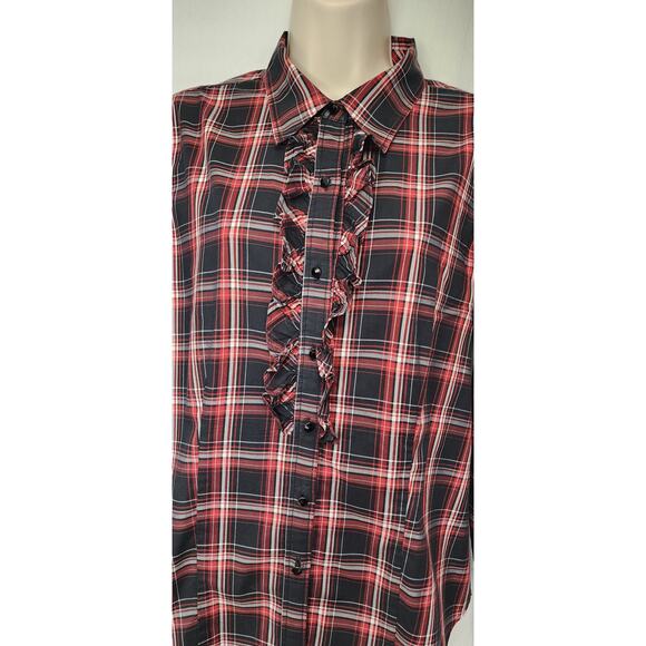 Talbots Jewel Button Front Red/Black Plaid Ruffle Front Long Sleeve Size 12 - Picture 5 of 9